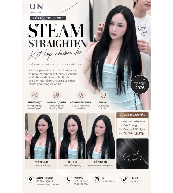 DUỖI HƠI NƯỚC KẾT HỢP NHUỘM ĐEN – MÁI TÓC ĐEN ÓNG, THẲNG MƯỢT TỰ NHIÊN TẠI UN HAIR STUDIO